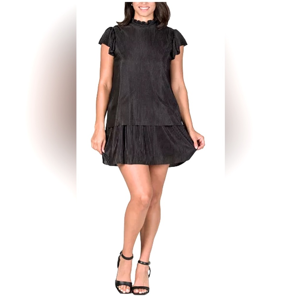 24seven Comfort Apparel
Women's Ruffle Cap Sleeve High Neck Pleated Mini Dress.